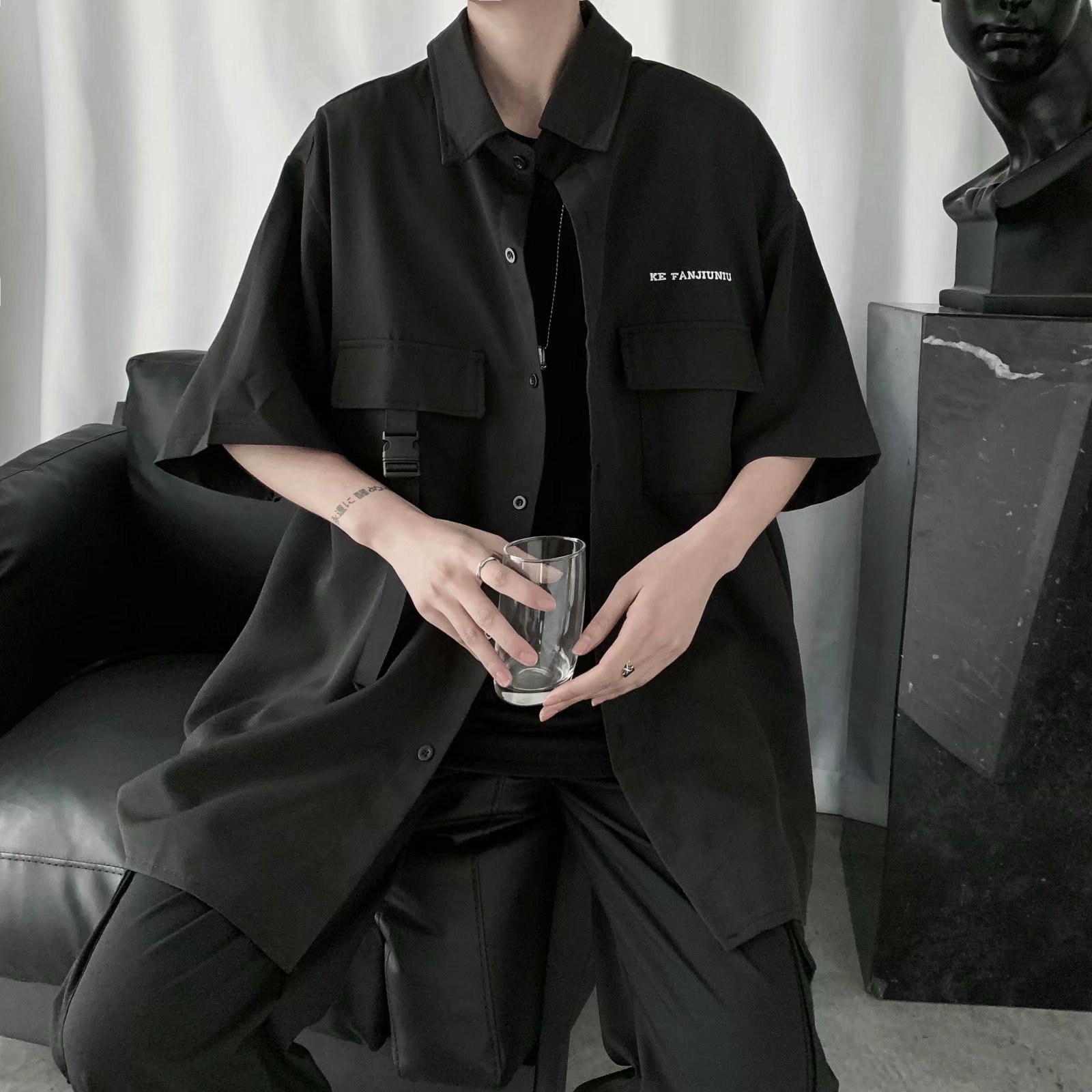 韓国メンズファッションデザイン性ストリートカジュアル半袖シャツ
