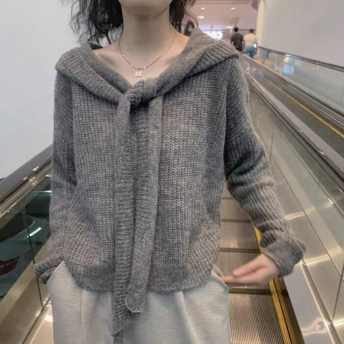 韓国ファッション 無地 フード付き フェイクライヤード プルオーバー ニット セーター